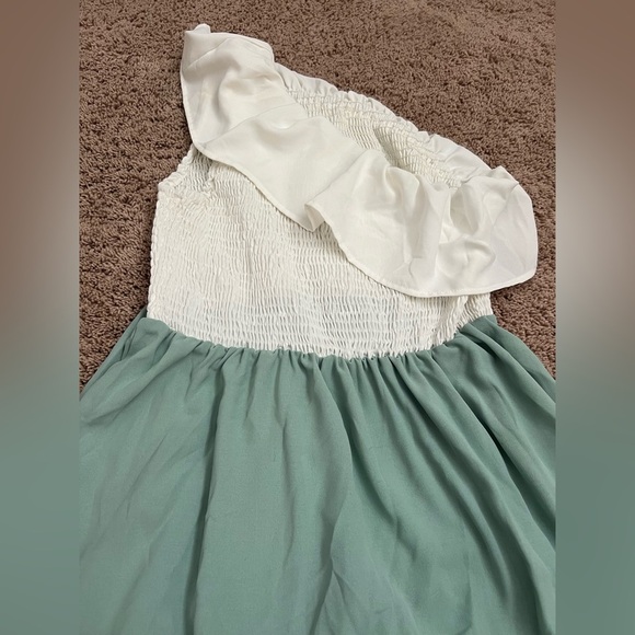 XL SHEIN 2 tone color blocked ruffle trim one shoulder smocked tiered dress aqua - Picture 12 of 12